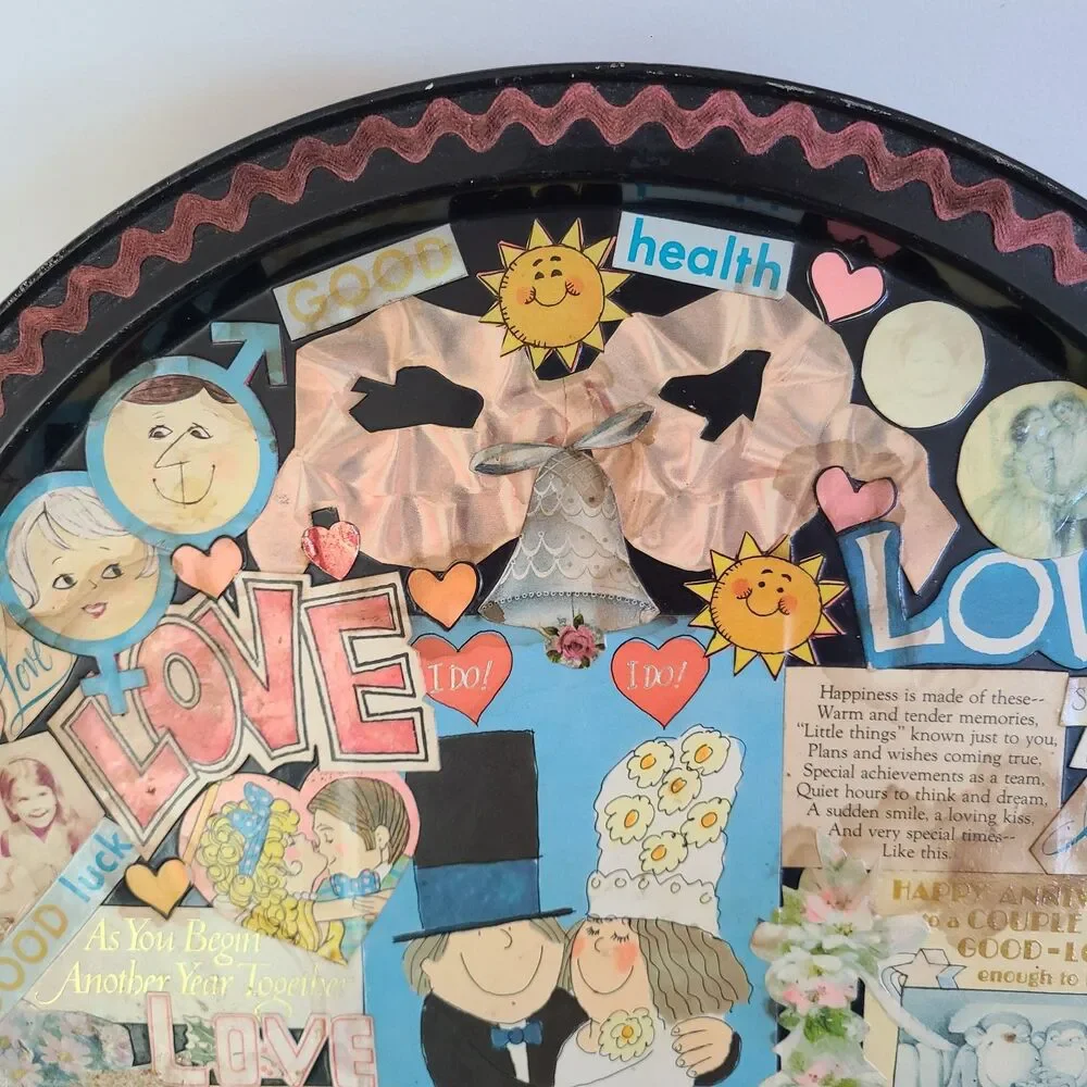Vintage Decoupage Tray Paper Art Collage Celebrating Wedding Anniversary Love